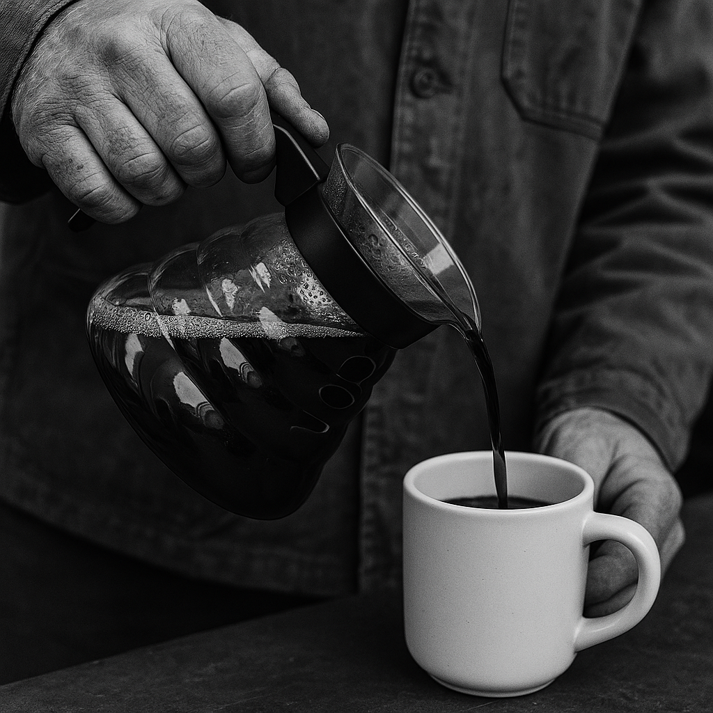 Arbeiter schüttet Specialty Coffee Filterkaffee in Tasse