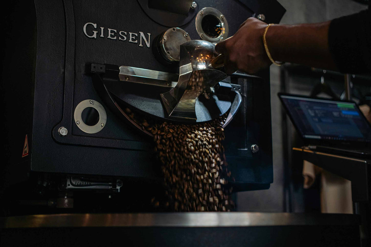 Eine männliche Hand öffnet einen Kaffee-Röster. Aus der Öffnung fällt gerösteter Kaffee. Im Hintergrund sieht man die Software mit der die Maschine betrieben wird. Der Röster ist von der Marke Giesen.